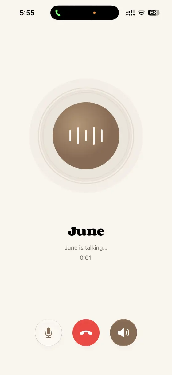 June call screen in progress, showing a speaking indicator and call controls