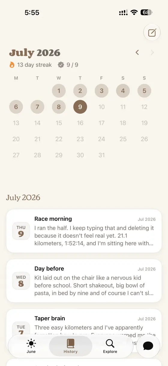 History tab showing a month calendar with completed days and a list of past entries
