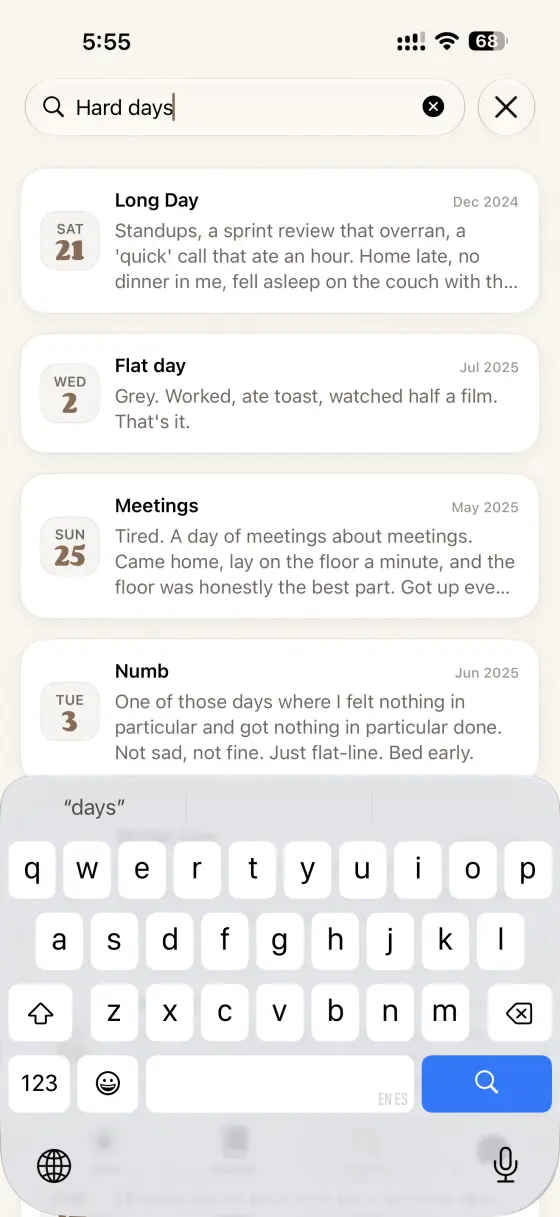 Search results for the phrase Hard days, returning entries that never use those words