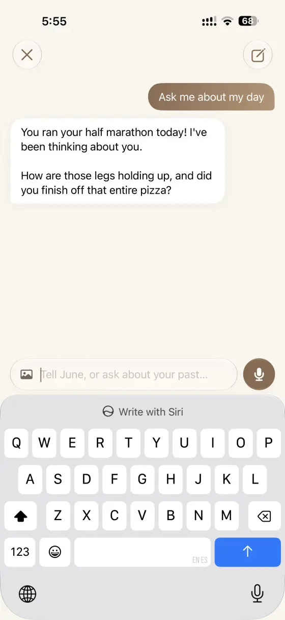 Text conversation with June, which asks a follow-up question about the day